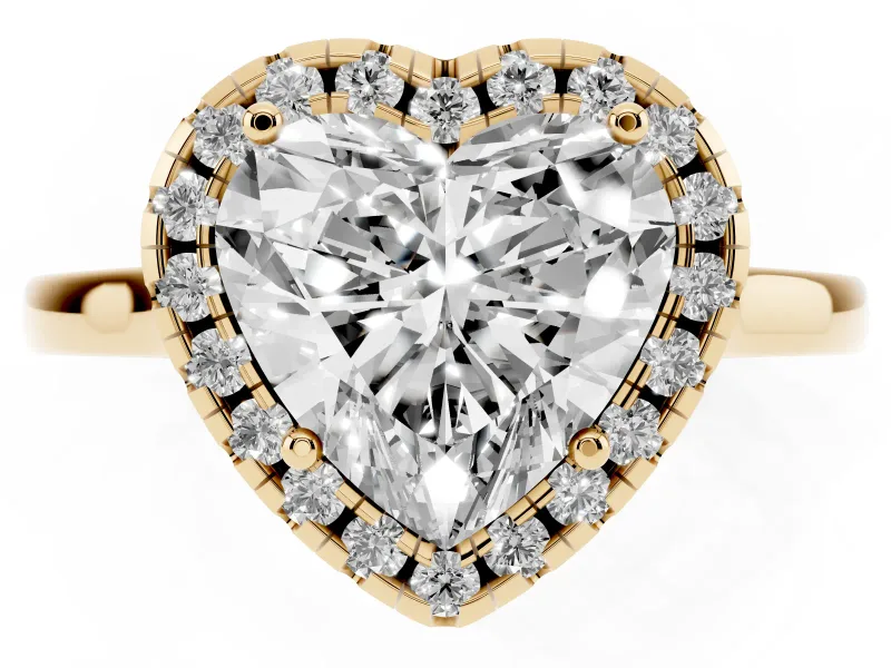 Heart Cut Halo Round Diamond Solitaire Ring Set in Yellow gold with Pavé Band and Prong Setting