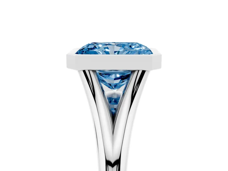 Fancy Blue Bezel Set Radiant Cut Diamond Solitaire Ring Set in Platinum with Tapered Band
