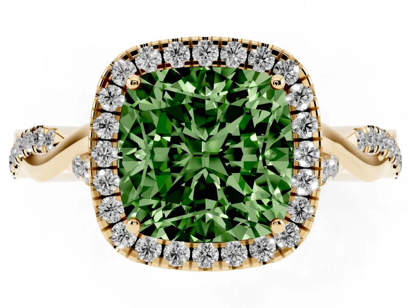 Cushion Cut Twist Halo Engagement Ring Setting for a Fancy Green Lab-Grown Diamond | Yellow Gold