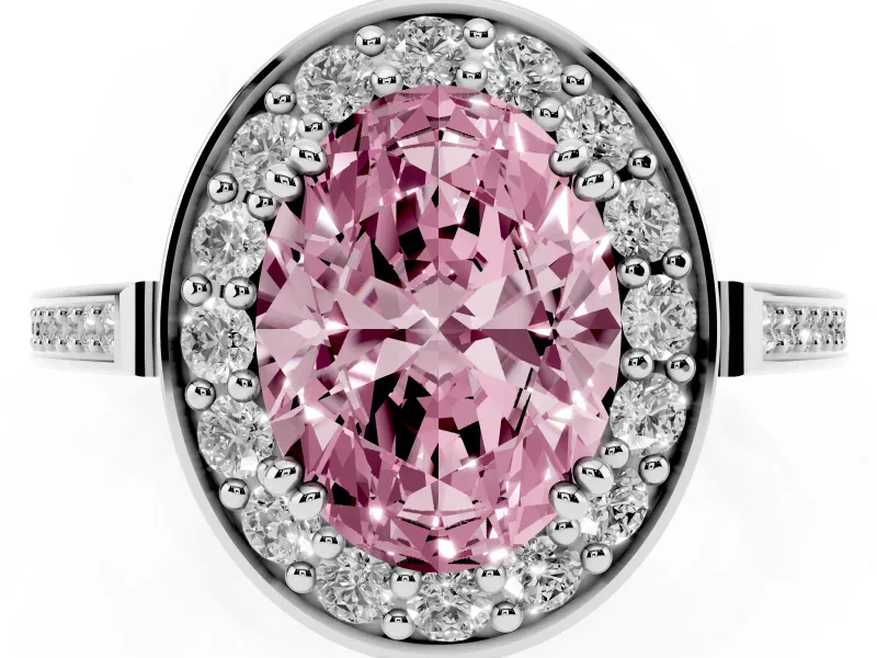 Fancy Pink Oval Cut Diamond Halo Ring Set in Platinum with Accent-Lined Split Shank and Prong Setting
