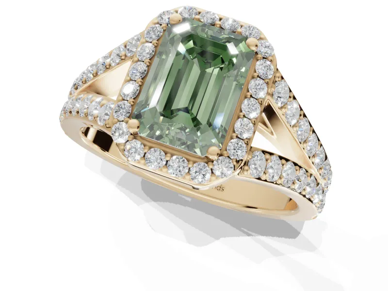 Emerald Cut Halo Pavé Engagement Ring Setting for a Fancy Green Lab-Grown Diamond | Narrow Split Shank | Yellow Gold