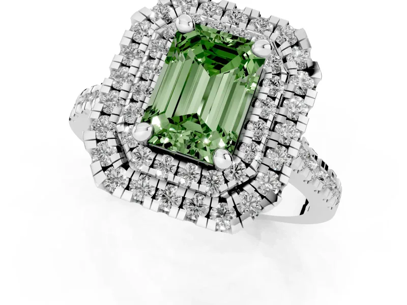 Fancy Green Emerald Cut Diamond Double Halo Statement Ring Set in Platinum with Pavé Band