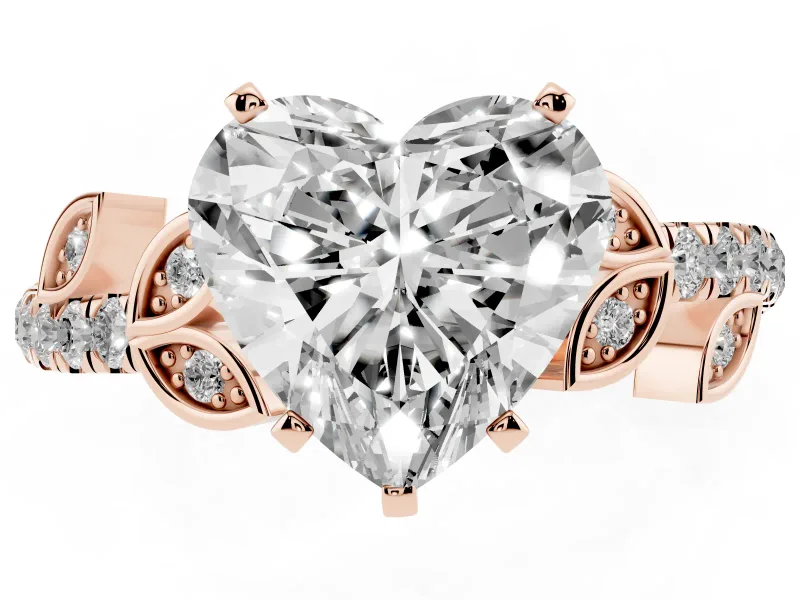 Heart Cut Diamond Solitaire Leaf-Inspired Ring Set in Rose gold with Pavé Band and Prong Setting