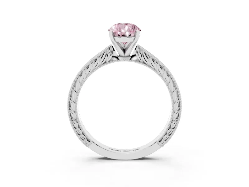 Fancy Pink Pear Cut Diamond Solitaire Milgrain Engraved Band Set in White gold with Prong Setting