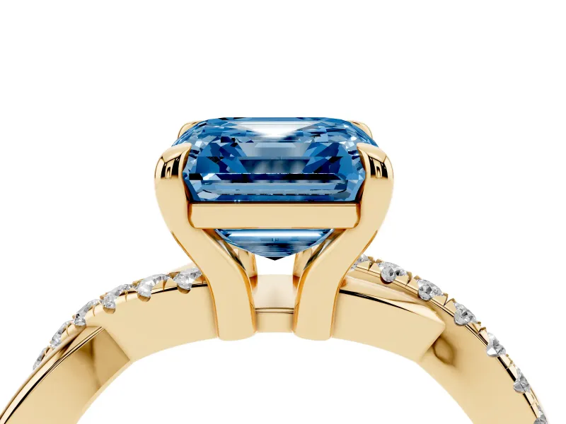 Fancy Blue Asscher Cut Diamond Twist Band Solitaire Set in Yellow gold with Pavé Accents and Prong Setting