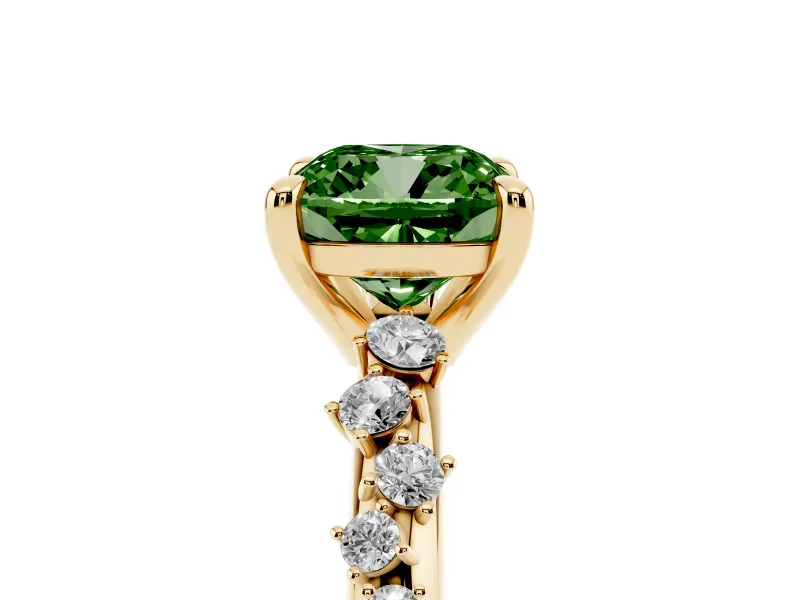 Fancy Green Cushion Cut Diamond Solitaire Vine Band Ring Set in Yellow gold with Round Accents and Prong Setting