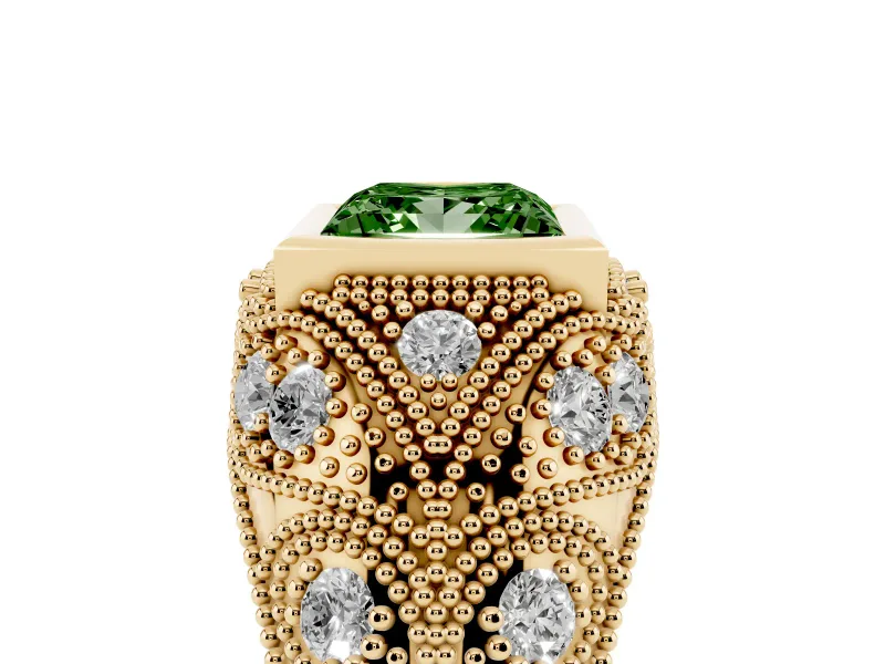 Fancy Green Princess Cut Diamond Bezel Ring Set in Yellow gold with Milgrain Accent Band