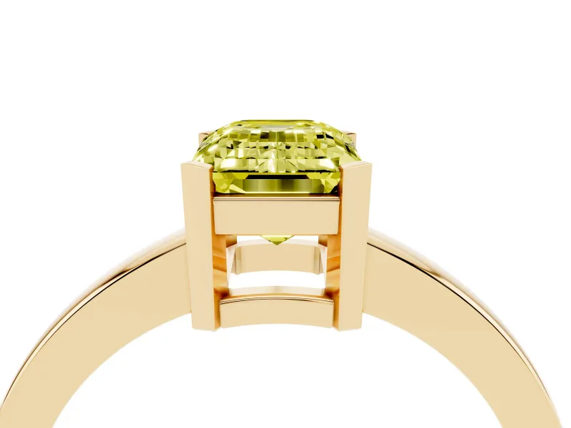 Fancy Yellow Emerald Cut Diamond Solitaire Ring Set in Yellow gold with Prong Head and Smooth Polished Band
