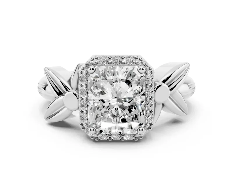 Radiant Cut Diamond Halo Floral Band Ring Set in White gold with Prong Setting