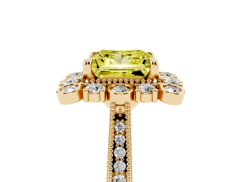 Fancy Yellow Princess Cut Diamond Halo Milgrain Pavé Ring Set in Yellow gold with Prong Setting