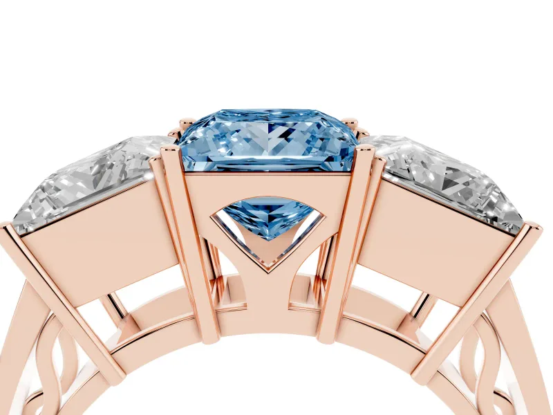 Princess Cut Three Stone Engagement Ring Setting for a Fancy Blue Lab-Grown Diamond | Beaded Shoulders | Rose Gold