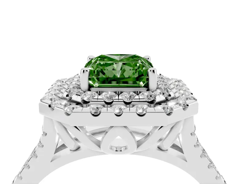 Radiant Cut Halo Split Shank Engagement Ring Setting for a Fancy Green Lab-Grown Diamond | Pavé Strands | White Gold