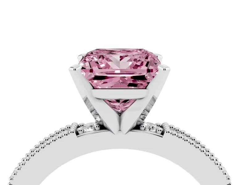 Fancy Pink Princess Cut Diamond Solitaire Ring Set in Platinum with Slim Pavé Band and Prong Setting