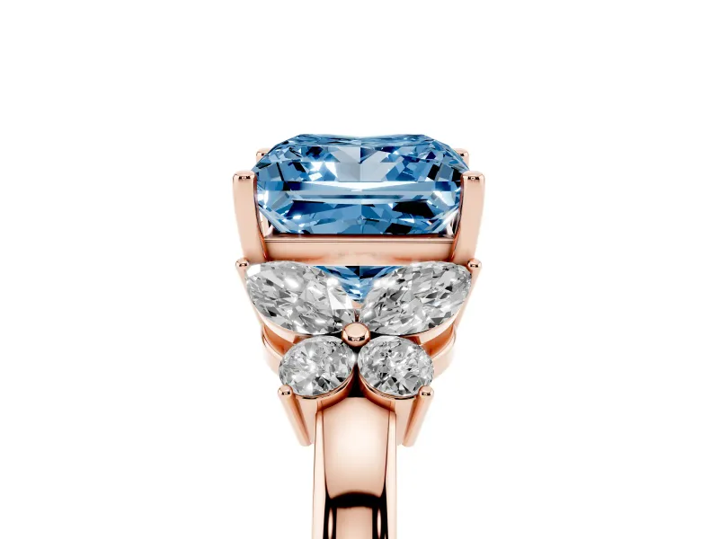 Fancy Blue Princess Cut Diamond Solitaire Floral Ring Set in Rose gold with Marquise Petals and Prong Setting