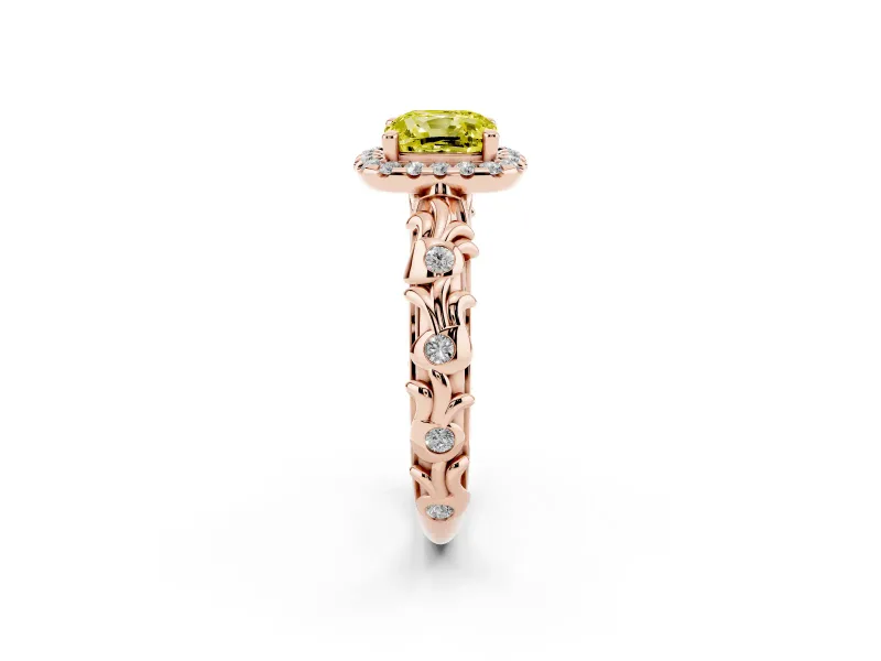 Cushion Cut Leaf Halo Engagement Ring Setting for a Fancy Yellow Lab-Grown Diamond | Bezel Accents | Rose Gold