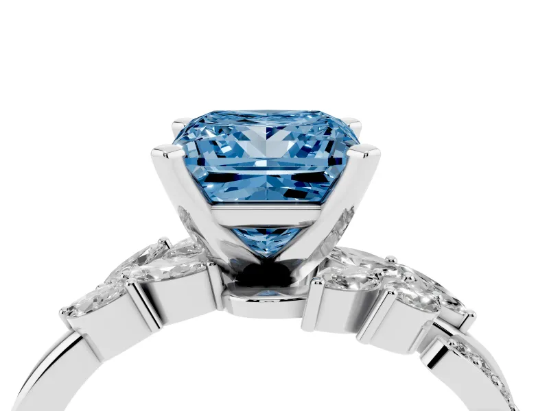 Fancy Blue Princess Cut Diamond Solitaire Ring Set in Silver with Marquise Twist Band and Prong Setting