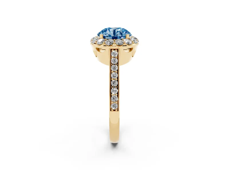 Round Floral Halo Engagement Ring Setting for a Fancy Blue Lab-Grown Diamond | Large Round Accents | Yellow Gold