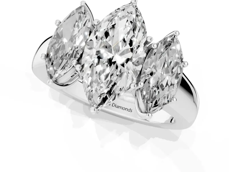 Three-Stone Marquise Cut Diamond Ring Set in Platinum with Matching Prong Settings and Plain Band