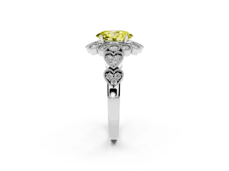 Oval Scalloped Halo Engagement Ring Setting for a Fancy Yellow Lab-Grown Diamond | Heart Pavé Band | Platinum