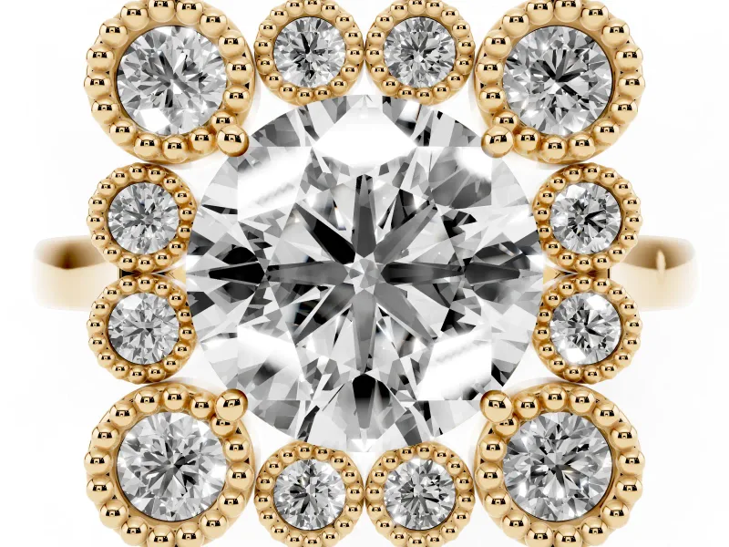 Round Vintage Milgrain Bezel Cluster Halo Engagement Ring Setting | Plain Band | Yellow Gold