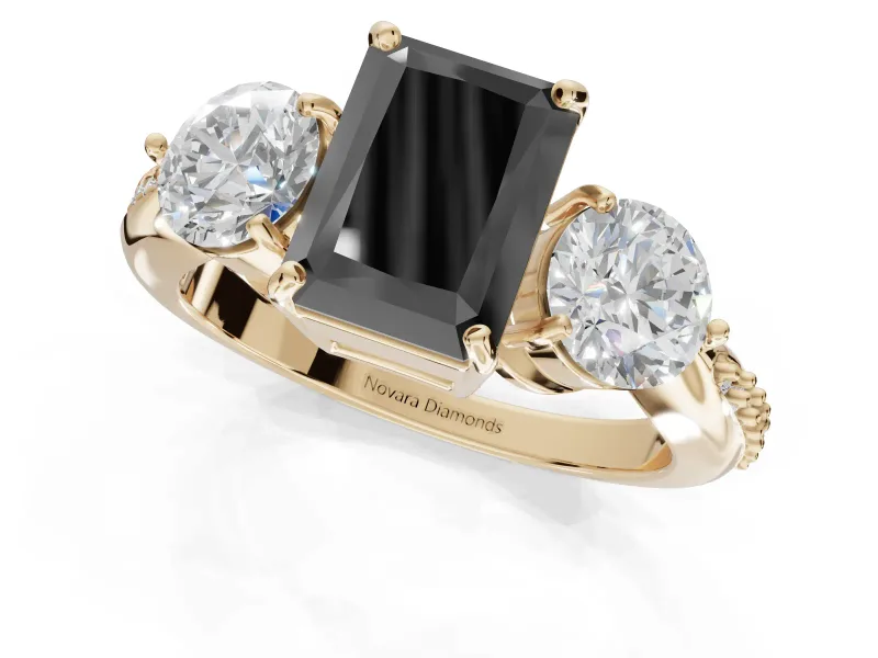 Fancy Black Radiant Cut Lab-Grown Diamond Three-Stone Ring Set in Yellow Gold with Channel-Set Band and Prong Setting