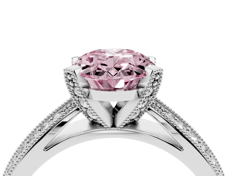 Fancy Pink Oval Cut Diamond Solitaire Ring Set in Silver with Milgrain Double Row Round Pavé Band