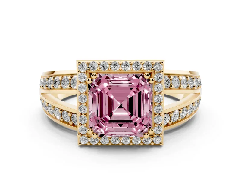 Fancy Pink Asscher Cut Diamond Halo Ring Set in Yellow gold with Double Pavé Split Shank