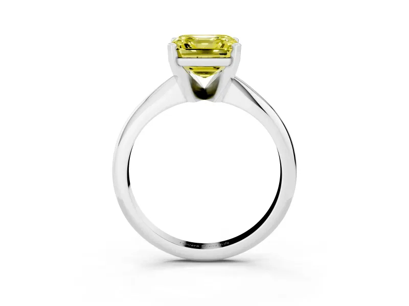 Fancy Yellow Asscher Cut Diamond Solitaire Ring Set in Platinum with Prong Setting on a Plain Round Band