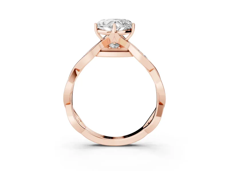 Heart Cut Diamond Twist Band Solitaire Ring Set in Rose gold with Leaf Prong Setting and Accent Stones