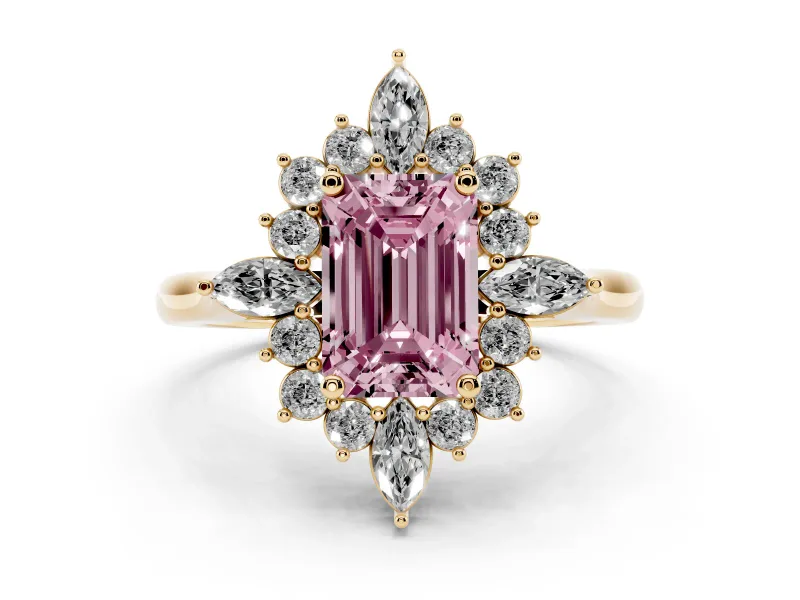 Fancy Pink Emerald Cut Diamond Cluster Halo Ring Set in Yellow gold with Marquise and Round Accents