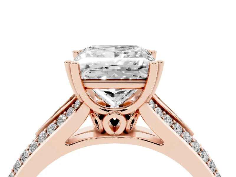 Princess Cut Pave Split Shank Engagement Ring Setting | Double Claw Prongs | Rose Gold