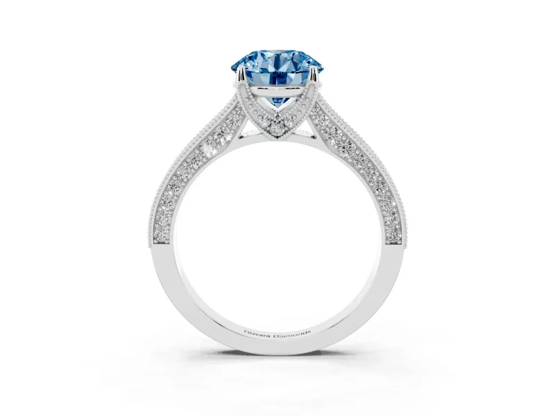 Round Hidden Halo Engagement Ring Setting for a Fancy Blue Lab-Grown Diamond | Milgrain Pave | Sterling Silver