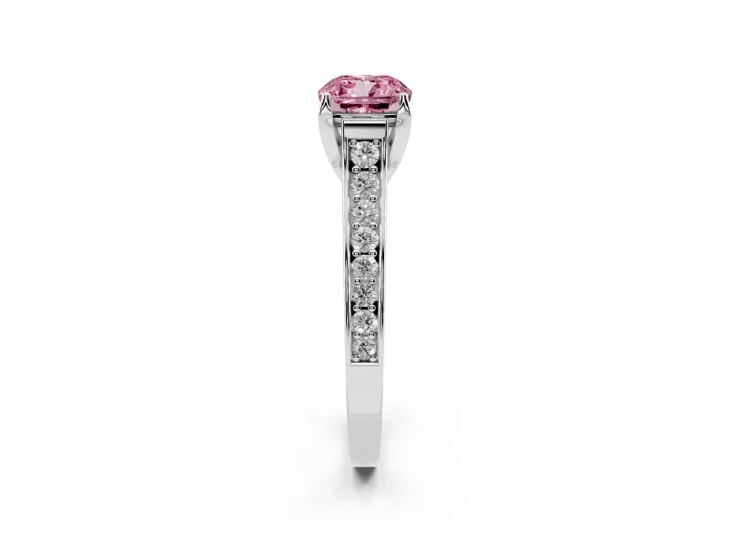 Fancy Pink Cushion Cut Diamond Solitaire Pavé Engagement Ring Set in Silver with Prong Setting