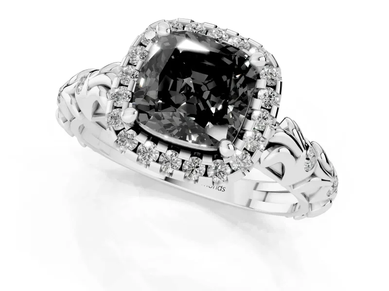Cushion Cut Leaf Halo Engagement Ring Setting for a Black Center | Bezel Accents | White Gold