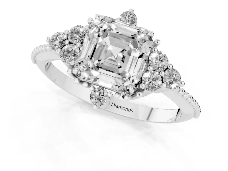Asscher Cut Vintage Cluster Engagement Ring Setting | Beaded Edges | White Gold