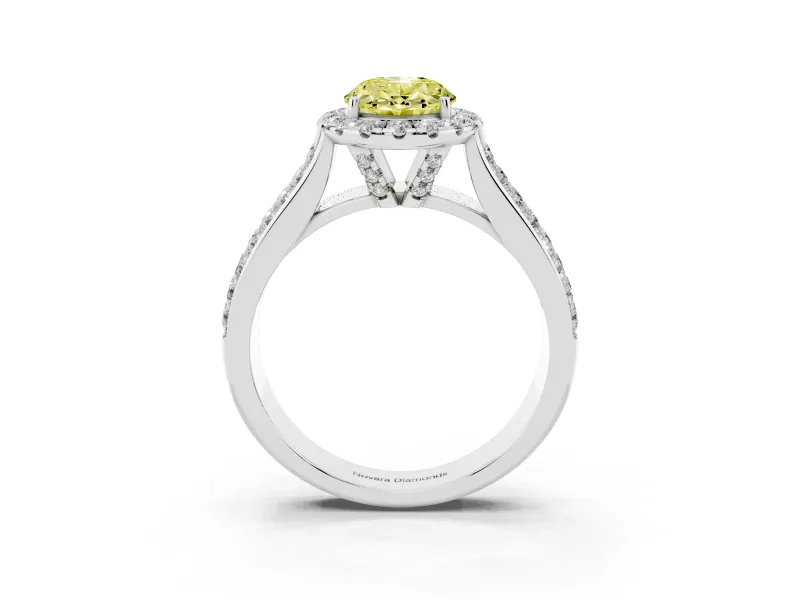 Fancy Yellow Oval Cut Diamond Halo Ring Set in White gold with Pavé Band and Raised Center Setting
