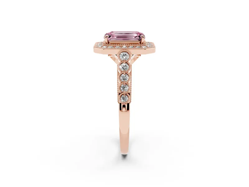 Emerald Cut Graduated Milgrain Halo Engagement Ring Setting for a Fancy Pink Lab-Grown Diamond | Rose Gold