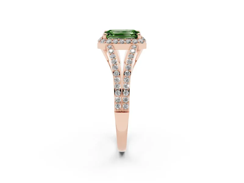 Fancy Green Emerald Cut Diamond Halo Split Shank Pavé Ring Set in Rose gold with Prong Setting
