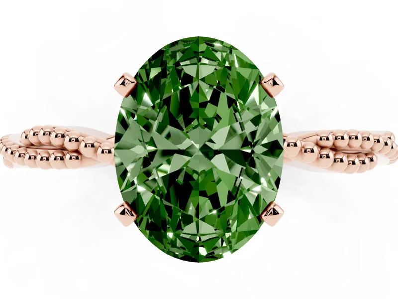 Fancy Green Oval Cut Diamond Solitaire Ring Set in Rose gold with Twisted Band and Bead Prong Setting