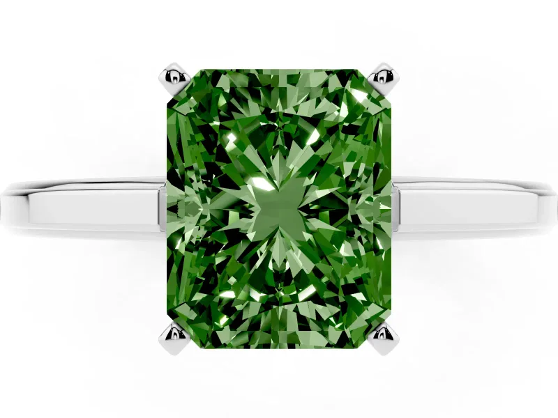 Fancy Green Radiant Cut Diamond Solitaire Ring Set in White gold with Prong Setting and Classic Band