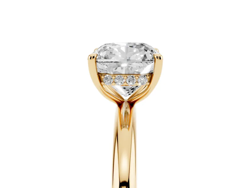 Cushion Cut Diamond Solitaire Ring Set in Yellow gold with Thin Band and Prong Setting