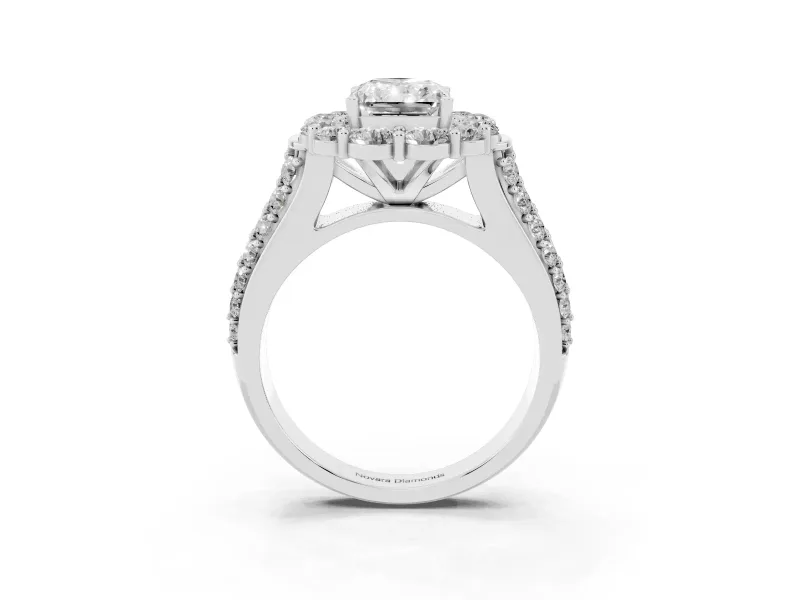 Radiant Cut Diamond Halo Engagement Ring Set in Silver with Split Shank and Prong Setting