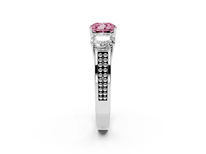 Cushion Cut Three Stone Engagement Ring Setting for a Fancy Pink Lab-Grown Diamond | Beaded Shoulders | Sterling Silver