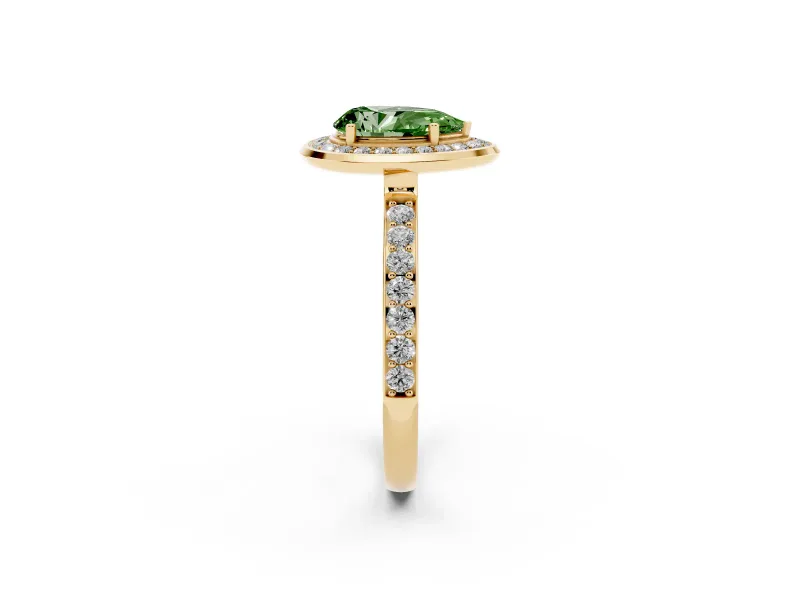 Fancy Green Pear Cut Diamond Halo Ring Set in Yellow gold with Bezel Frame and Pavé Band