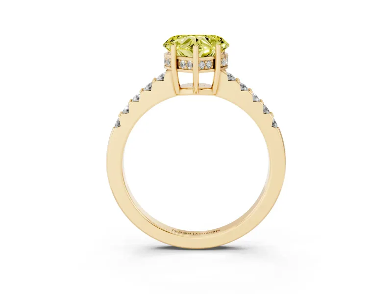 Fancy Yellow Heart Cut Diamond Solitaire Engagement Ring Set in Yellow gold with Pavé Band and Prong Setting