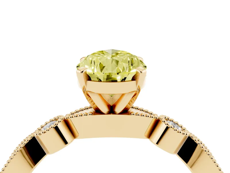 Fancy Yellow Pear Cut Diamond Solitaire Engagement Ring Set in Yellow gold with Milgrain Bezel Accent Band