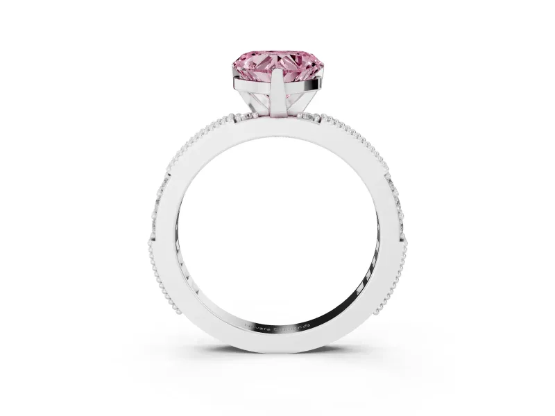 Fancy Pink Heart Cut Diamond Solitaire Ring Set in Platinum with Slim Pavé Band and Prong Setting