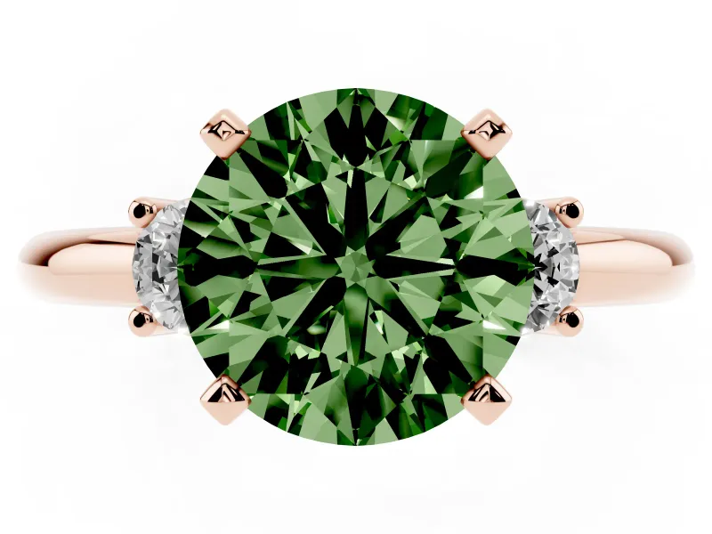 Round Three Stone Engagement Ring Setting for a Fancy Green Lab-Grown Diamond | Round Side Stones | Rose Gold