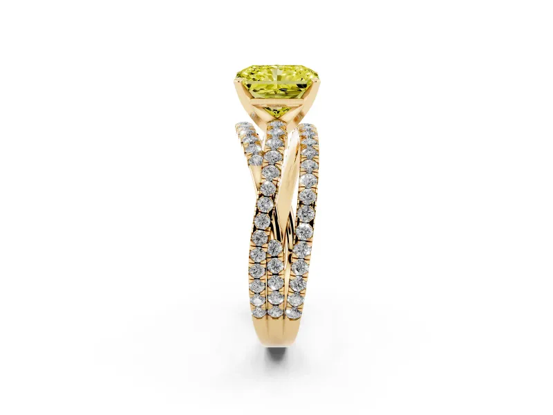 Radiant Cut Twisted Pavé Engagement Ring Setting for a Fancy Yellow Lab-Grown Diamond | Yellow Gold