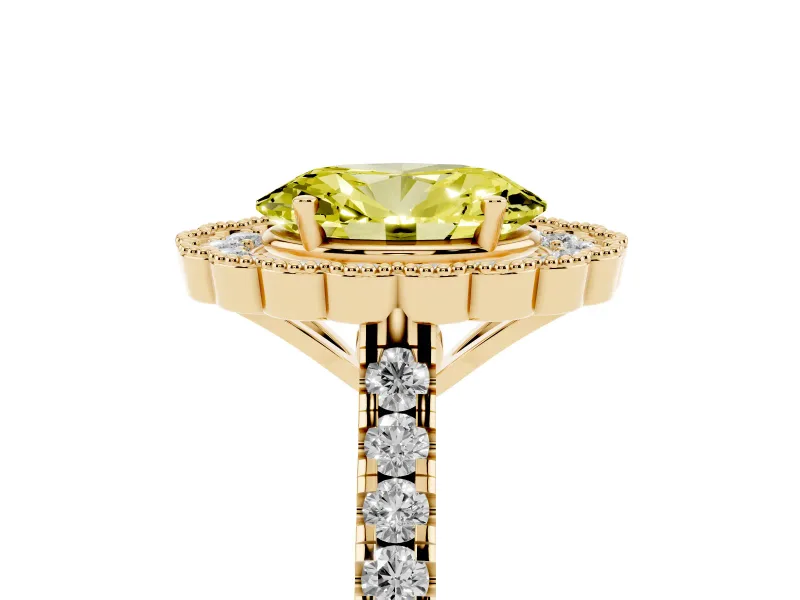 Fancy Yellow Oval Cut Diamond Milgrain Floral Halo Engagement Ring Set in Yellow gold with Pavé Band